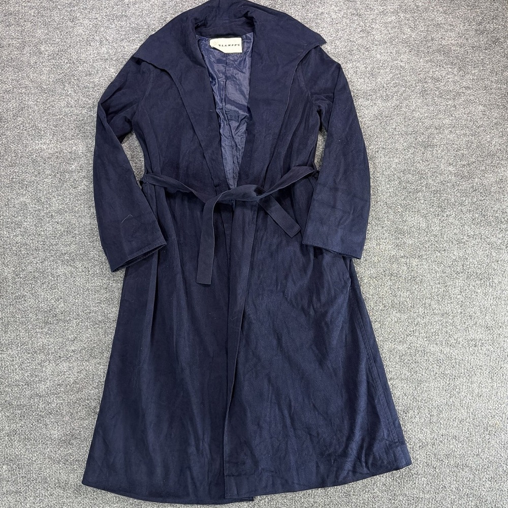 Vintage Schlampps Navy Blue Suede Longline Wrap Trench Coat Shawl Collar 6 Fall